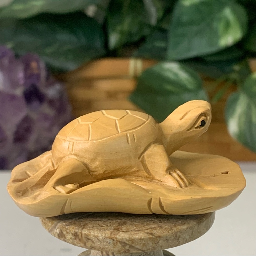 Vintage Turtle Netsuke Figurine Hand Carved Boxwood Animal Pendant Carving 2.8"